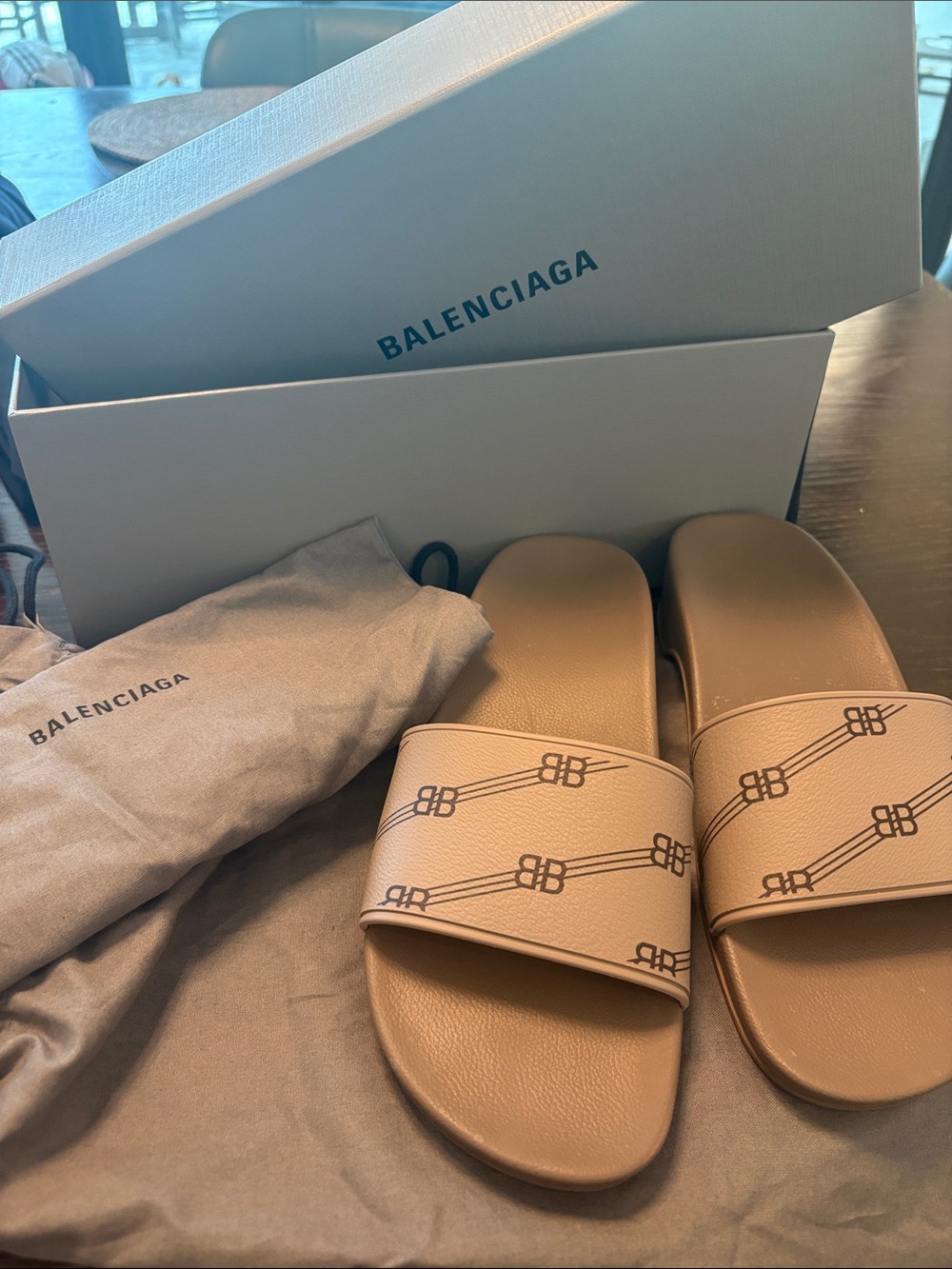 Balenciaga Tan Logo Slide Sandals Women’s 38
